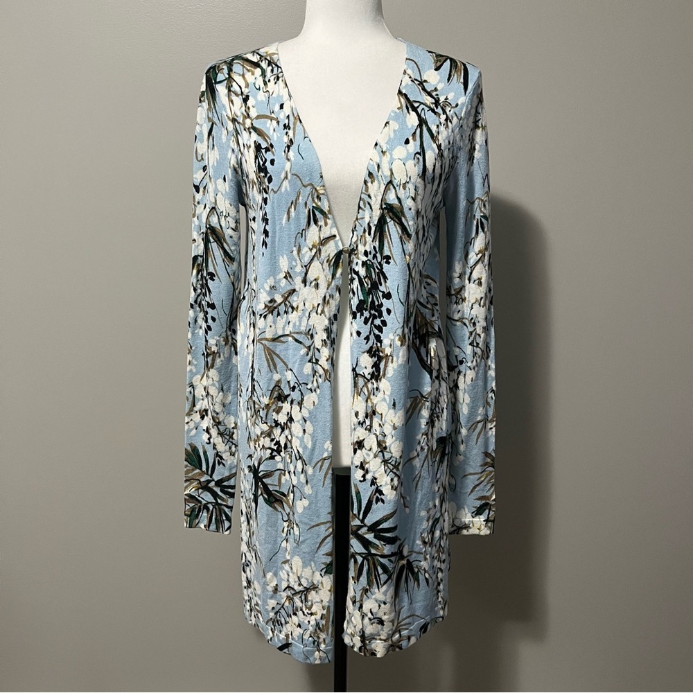 IMNYC Isaac Mizrahi Long Knit Floral Leaf Pattern Blue Cardigan